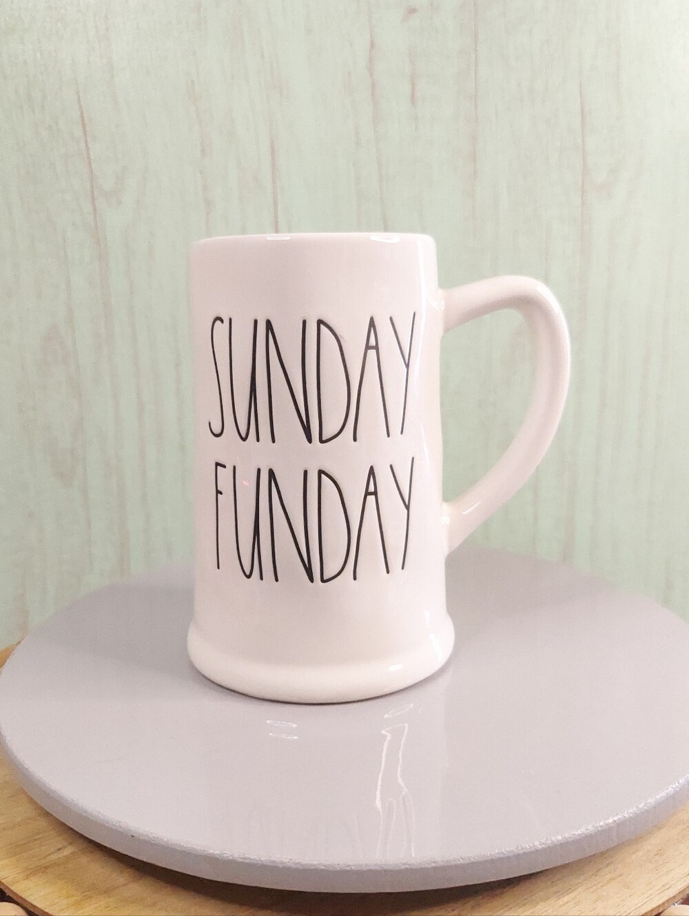 Rae Dunn - SUNDAY FUN DAY - white ceramic Stein/Mug